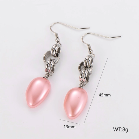 Pendientes Largos De Acero Inoxidable Perla Artificial Rosa Gota De Agua Eslabón Torcido Joyería Elegante Para Mujer