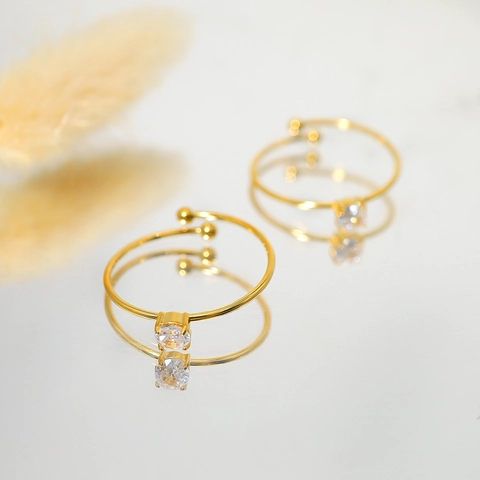 Minimalist Adjustable Ring 18K Gold Plated Stainless Steel Round Zircon Dainty Thin Band Jewelry For Women