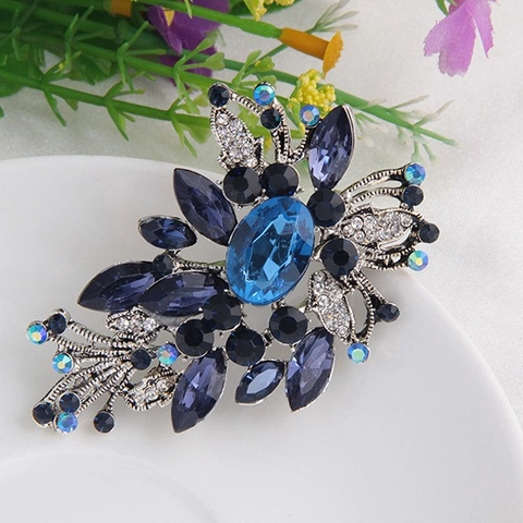 Spilla In Lega Vintage Con Strass Cristallo Blu Floreale Foglia Barocca Accessorio Di Moda Per Donna
