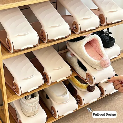 Adjustable Layered Shoe Organizer Plastic Space Saving Multi Height Closet Storage Rack Cartoon Bear Design