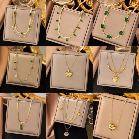 Vintage Stainless Steel Necklace For Women Gold Plated Snake Chain Butterfly Emerald Zircon Evil Eye Pendant Jewelry