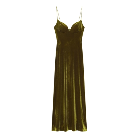 Samt Maxi Kleid Spaghettiträger Tiefer V-Ausschnitt Reißverschluss Schlank Elegant Abendkleid Damen Olivgrün