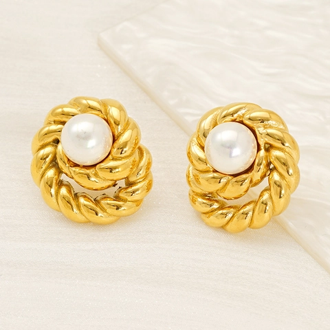 Pendientes de Botón de Acero Inoxidable Chapado en Oro 18K Vintage para Mujer Pendientes Retro Irregulares con Perlas Artificiales
