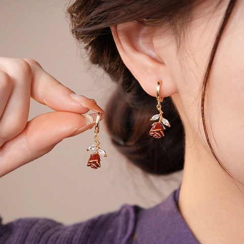 Orecchini A Cerchio Con Pendente Rosa Perno In Argento Rame Placcato Oro Smalto Zirconia Gioielli Floreali Eleganti Donne