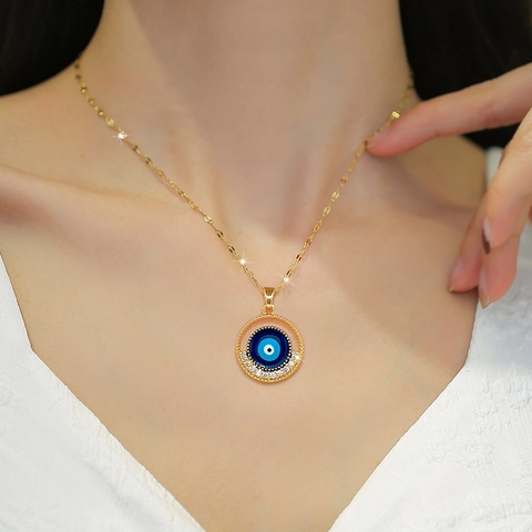 Böser Blick Anhänger Halskette Edelstahlkette Kupfer Zirkon Rundes Blaues Auge Elegante Party Schmuck Für Damen