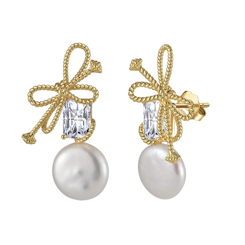 Boucles d'Oreilles en Argent Sterling 925 avec Perles d'Eau Douce pour Femmes Nœud Géométrique Baroque Strass Bijoux Cadeau