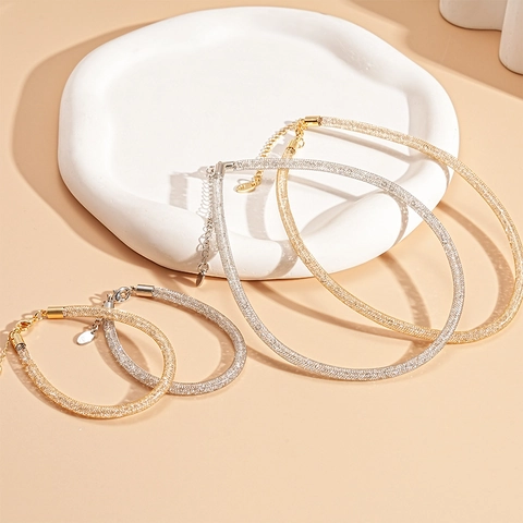 Copper Zircon Mesh Wrapped Round Necklace And Bracelet Sparkling Elegant Fashion Jewelry Women