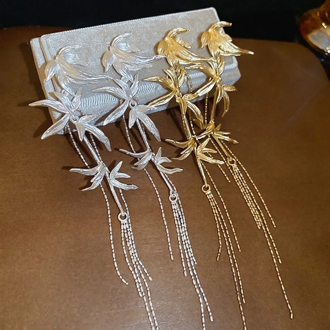 Bamboe Blad Kwastje Oorbellen Legering Met 925 Sterling Zilveren Oorsteker Nieuwe Chinese Stijl Vintage Voor Dames