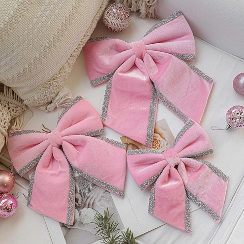 Christmas Velvet Bows Glitter Edge Large Xmas Tree Wreath Topper Hanging Ornament Home Holiday Decor Red Pink Beige