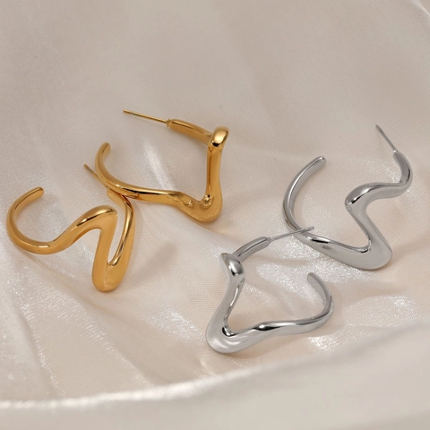 Stainless Steel Wave Earrings Irregular Spiral Modern Minimalist Waterproof PVD Plated Hand Polished Jewelry For Women