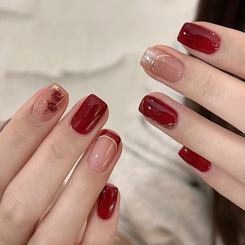 Press On Nails Square Wine Red Nude Pink Rose Pattern Gold Glitter French Tip False Nails For Women Elegant Manicure