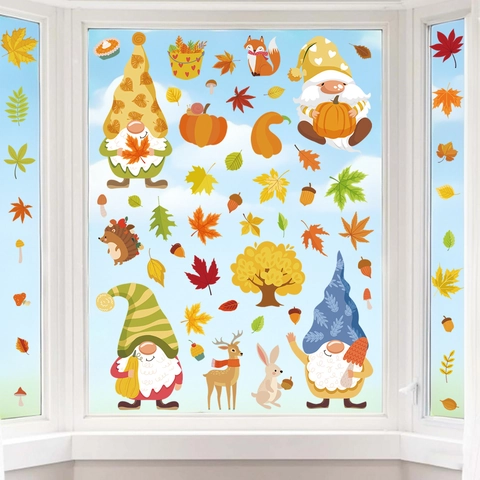 Thanksgiving Window Clings Autumn Static Stickers Double Sided Gnomes Pumpkin Maple Leaf For Glass Door Decor