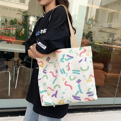 Large Capacity Canvas Tote Bag For Women Korean Style Printed Shoulder Handbag With Zipper For School Commute Casual