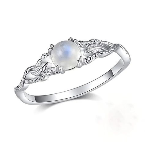 Vintage Copper Ring With Round Synthetic Moonstone Hollow Vine Leaf Pattern Retro Style For Women