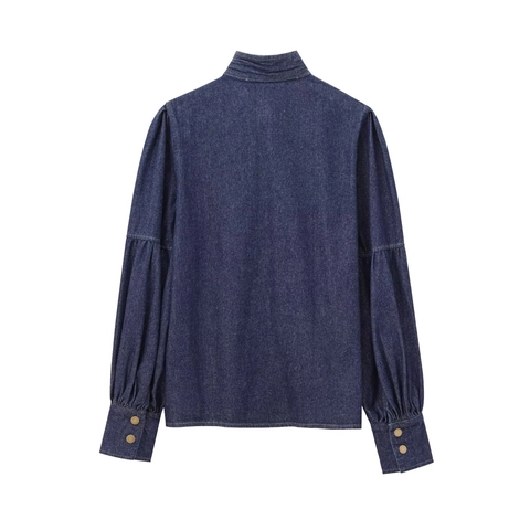 Denim Overhemd Lange Mouwen Strikkraag Pofmouwen Casual Retro Franse Stijl Blouse Top Voor Dames Donkerblauw Mode