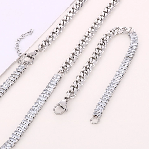 Collana E Bracciale In Acciaio Inossidabile Con Maglia Cubana E Zirconi Rettangolari Gioielli Hip Hop Per Donna