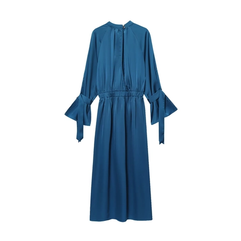 High Neck Satin Midi Dress Long Sleeve Bow Tie Cuffs Pleated Back Gold Buttons Elegant Solid Color For Women