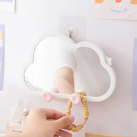 Cloud Shaped Makeup Mirror Wall Mounted Desktop Vanity Mirror With Hooks ABS Frame Phone Holder Creative Ins Style