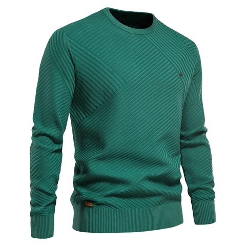 Men Crew Neck Knitted Sweater Long Sleeve Cotton Lycra Blend Diagonal Texture Solid Color Pullover Top