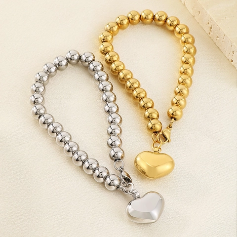 Pulsera De Cuentas De Acero Inoxidable Con Colgante De Corazón Pulido Minimalista Apilable Para Mujeres