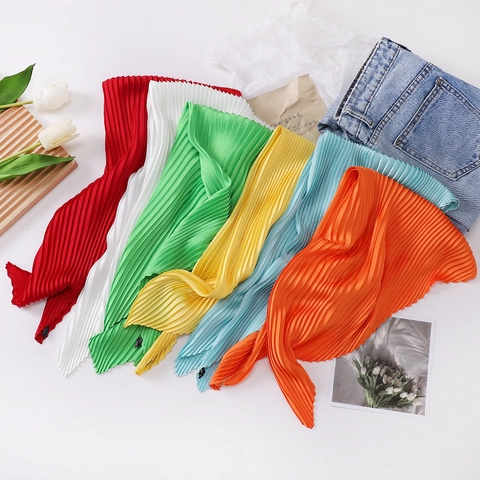 Pleated Satin Square Scarf Women Solid Color Elegant Neck Scarf Faux Satin Decorative Headscarf Hair Wrap
