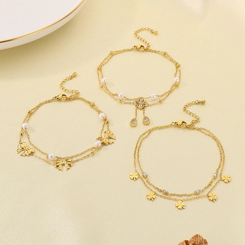 Edelstahl Doppelreihige Fußkettchen Für Damen Vergoldet Kleeblatt Schleife Traumfänger Muschel Künstliche Perle Zirkon Boho Schmuck