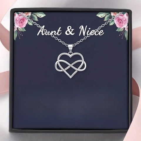 Stainless Steel Heart Infinity Necklace With Aunt Niece Message Card Gift Box For Women Minimalist Pendant Jewelry Silver