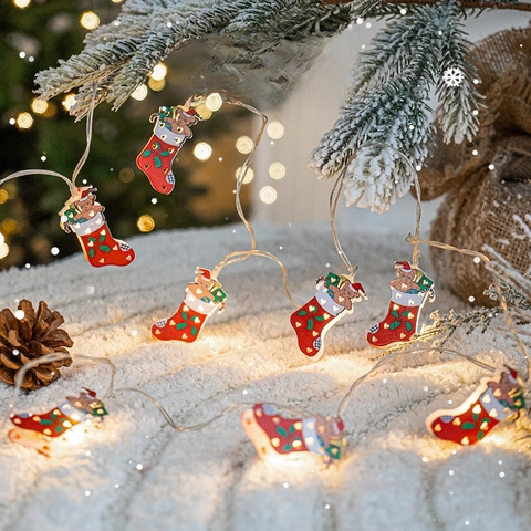 LED String Lights Christmas Decoration Plastic Iron Santa Claus Snowman Bell Stocking Warm Glow Festive Hanging Ornaments