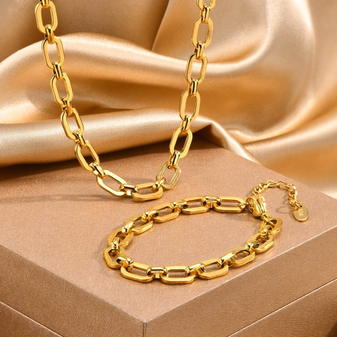 Mode 18K Vergoldet Edelstahl Büroklammerkette Halskette Armband Schmuck Set Elegantes Minimalistisches Damen Schmuck
