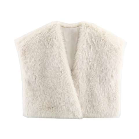 Women Faux Fur Vest Sleeveless Waistcoat Solid Color V-Neck Plush Casual Outerwear Retro Fashion