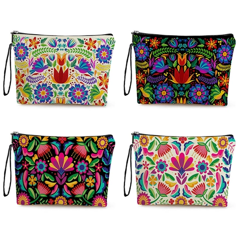 Borsa Trucco Stampa Floreale E Uccelli Arte Popolare Messicana Pochette Cosmetici Lino Cerniera Cinturino Polso Donna