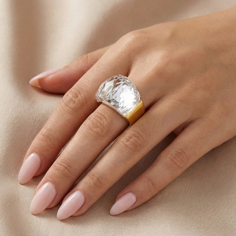 Edelstahl Ring Facettiertes Kristall Glas Naturstein Oversize Breites Band Statement Schmuck Damen Bold Cocktail