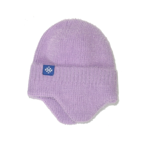Bonnet Beanie À Cache-Oreilles En Peluche Tricot Faux Mohair Hiver Chaud Coupe-Vent Patch Flocon De Neige Couleur Unie