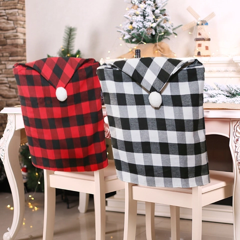 Christmas Chair Back Covers Buffalo Plaid Fabric With White Pom Poms Santa Hat Shape For Dining Table Party Decor