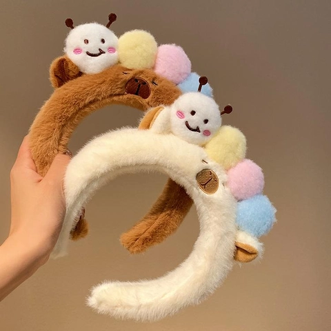 Diadema De Peluche Linda Tela Suave Dibujos Animados Oruga Oso Capibara Pompones De Colores Para Maquillaje Lavado De Cara