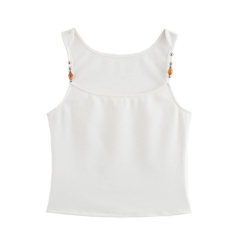 Dames Witte Camisole Tanktop Kraaltjes Bandjes Slim Fit Cropped Polyester Veelzijdige Zomer Vest
