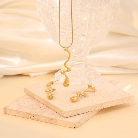 Collar Y Pendientes De Acero Inoxidable Chapado En Oro Geométrico Irregular Flor Hoja Espiral Joyería Para Mujeres