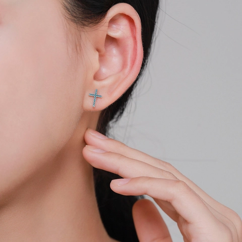 925 Sterling Silver Cross Stud Earrings With Synthetic Turquoise Vintage Simple Elegant Jewelry For Women