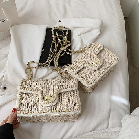 Women Artificial Pearl Woven Straw Shoulder Bag With Chain Strap Summer Beach Vacation Crossbody Bag Elegant French Style Square Bag