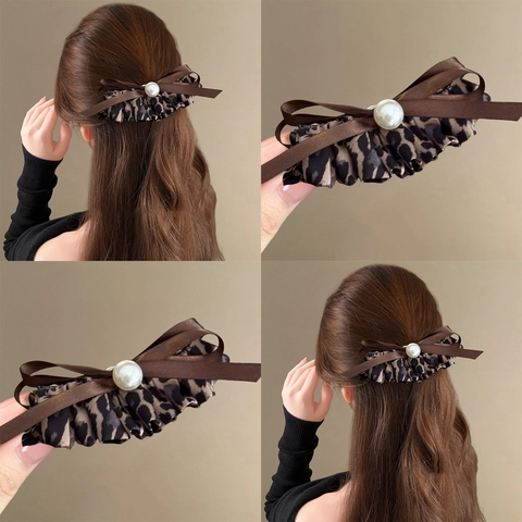 Fermaglio Per Capelli Fiocco Leopardato Stile Maillard Vintage Perla Artificiale Tessuto Acrilico Accessorio Elegante