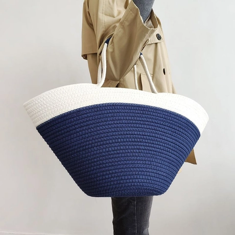 Woven Handbag Cotton Rope Contrast Color Large Capacity Holiday Beach Travel Tote Bag Casual Fashion For Women