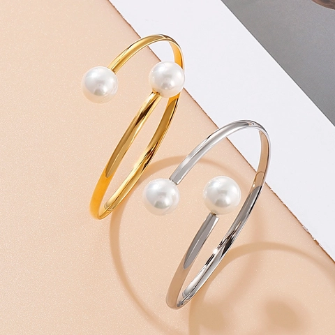 Minimalistisches Edelstahl Armreif Mit Doppelperlen Für Frauen Eleganter Verstellbarer Armreif
