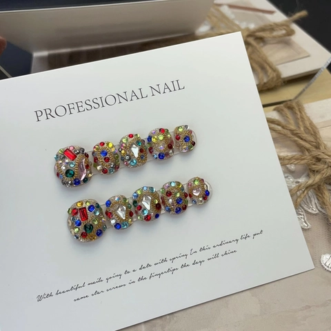 Handmade Colorful Rhinestone Luxury Press On Nails Set Full Diamond Design Square Round False Nails With Glue Kit For Women