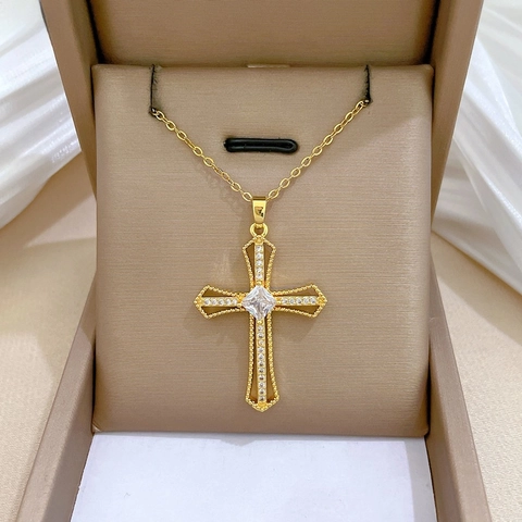 Collana Con Ciondolo A Croce Cava Placcata Oro Acciaio Inossidabile Rame Zirconia Lusso Elegante Gioielli Donne