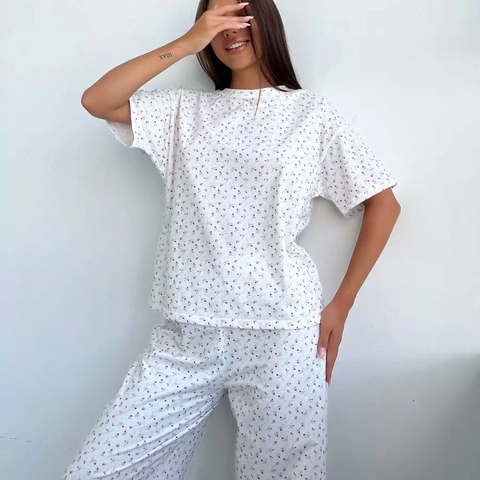 Top Y Pantalón De Pijama Para Mujer Poliéster Elastano Estampado De Corazón Floral Manga Corta Cuello Redondo Casual Home