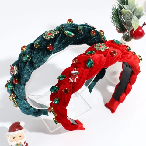 Serre-Tête De Noël Tressé En Velours Rembourré Strass Accessoire De Fête Flocon De Neige Pour Femmes