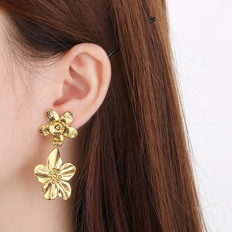 Pendientes Colgantes De Flores De Cinco Pétalos De Doble Capa Exagerados Vintage De Acero Inoxidable Joyería Para Mujeres