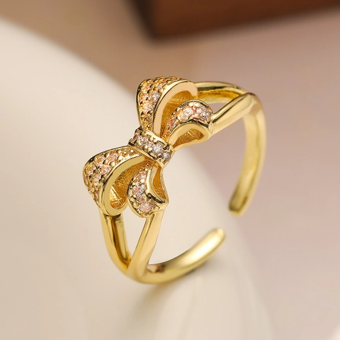 Bowknot Adjustable Open Ring Real Gold Plated Brass Micro Pave Zircon Sweet Elegant Fashion Daily Jewelry For Women