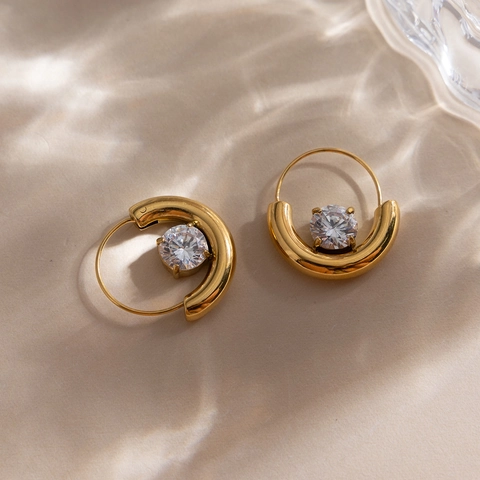 18K Gold Plated Stainless Steel Hoop Earrings For Women White Zirconia Inlaid Round U-Shaped Geometric Minimalist Stud Earrings Jewelry