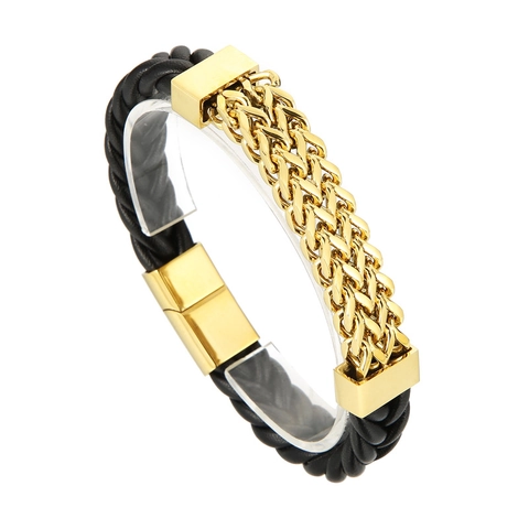Pulsera Hombre Doble Capa Cadena Acero Inoxidable Cuero Genuino Trenzado Cierre Magnético Punk Hip Hop Joyería Accesorio